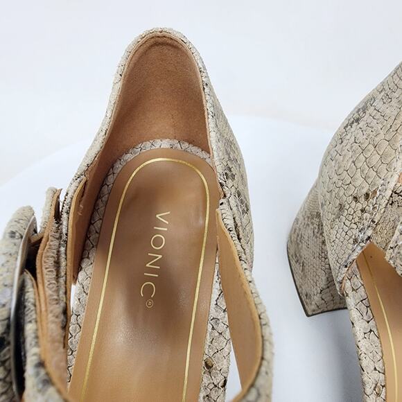 Vionic Chardonnay Sandals Size 8.5M Snake Emboss Tan Leather Open Toe Block Heel - Picture 4 of 13